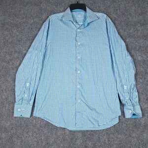 Bugatchi Uomo Mens Blue White Gingham Check Long Sleeve Button Up Shirt 16.5 34